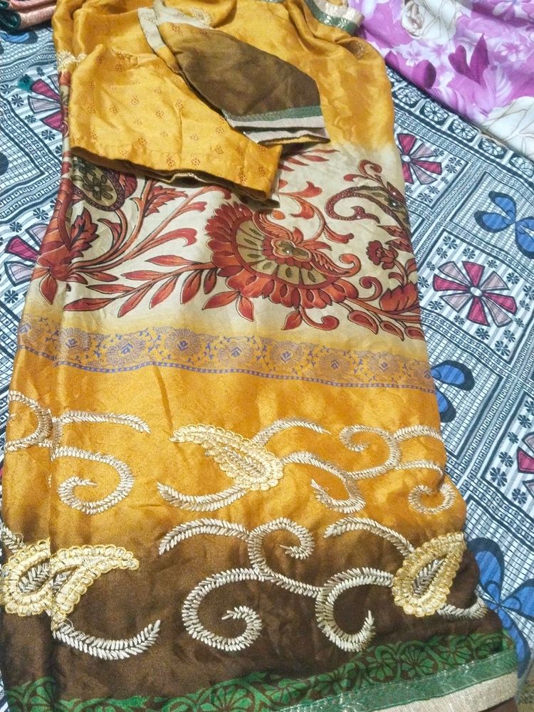 Mustard Coloured All Over Saree With Blouse