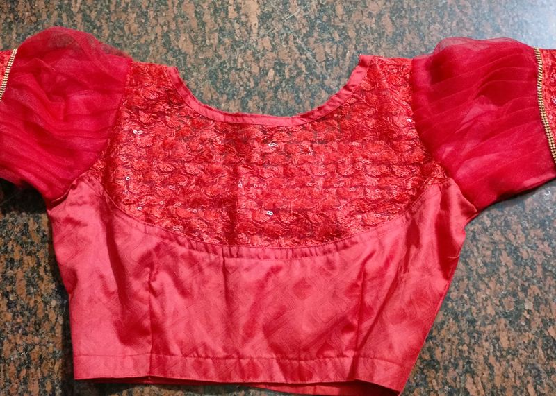 Red Netted Work Blouse With Net Puff Sleeves.