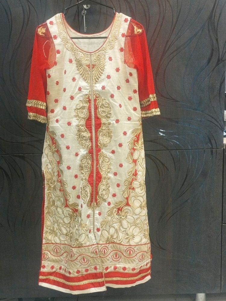 Heavy Embroidered Cream And Red Kurti For Girls