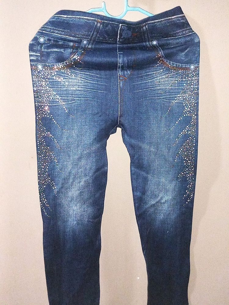 New Denim Printed Leggings With Rhinestones