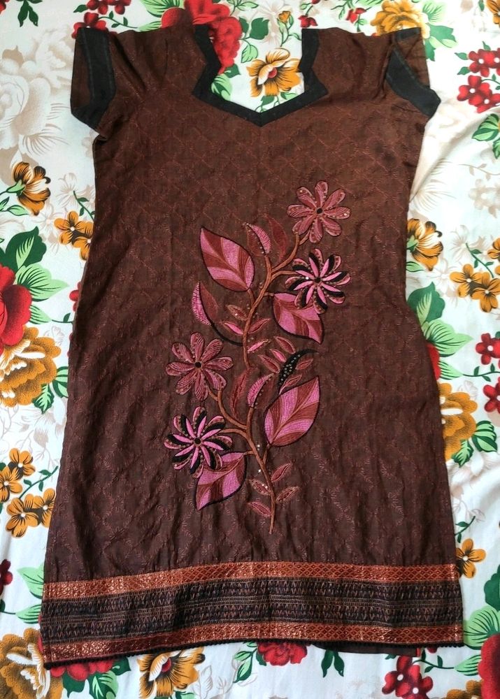 Stitched Embroied Brown Cotton Kurtha | Size 38