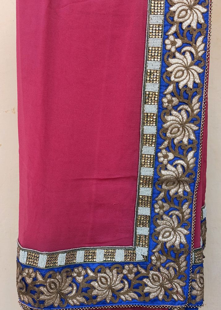 Pink Saree With Beautiful Blue Border!