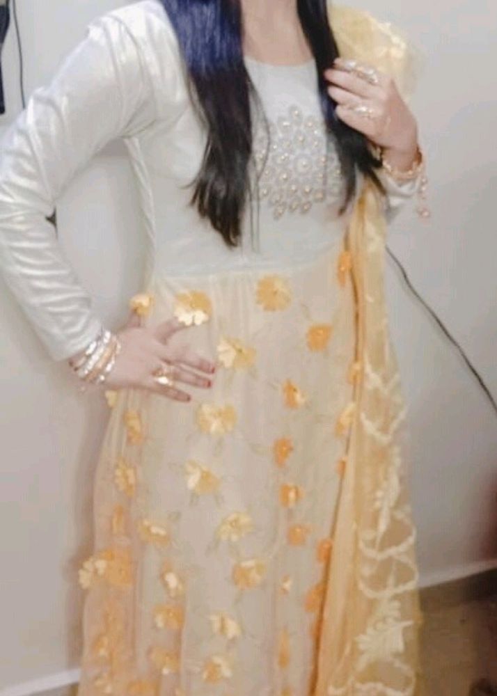 Cream And Lemon Colour Gown With Dupatta Bottom