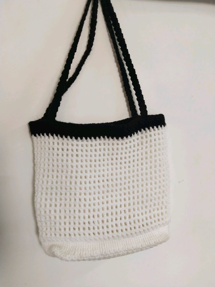 Black And White Crochet Tote Bag