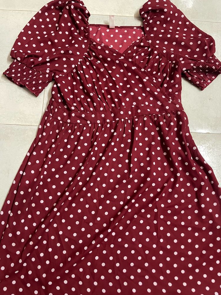 Maroon Dotted A-line Dress