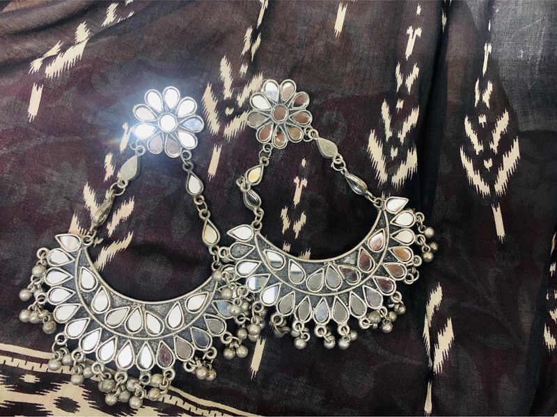 Silver Mirror Work Earrings From Myntra