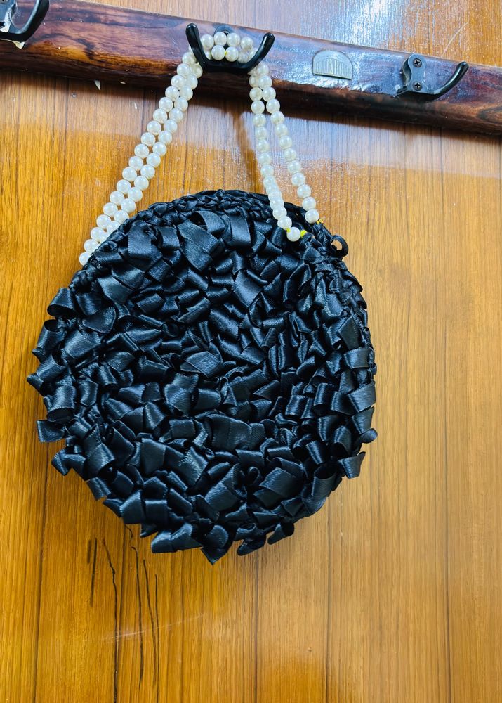 Round Crochet Black Bag With Pearl Handle