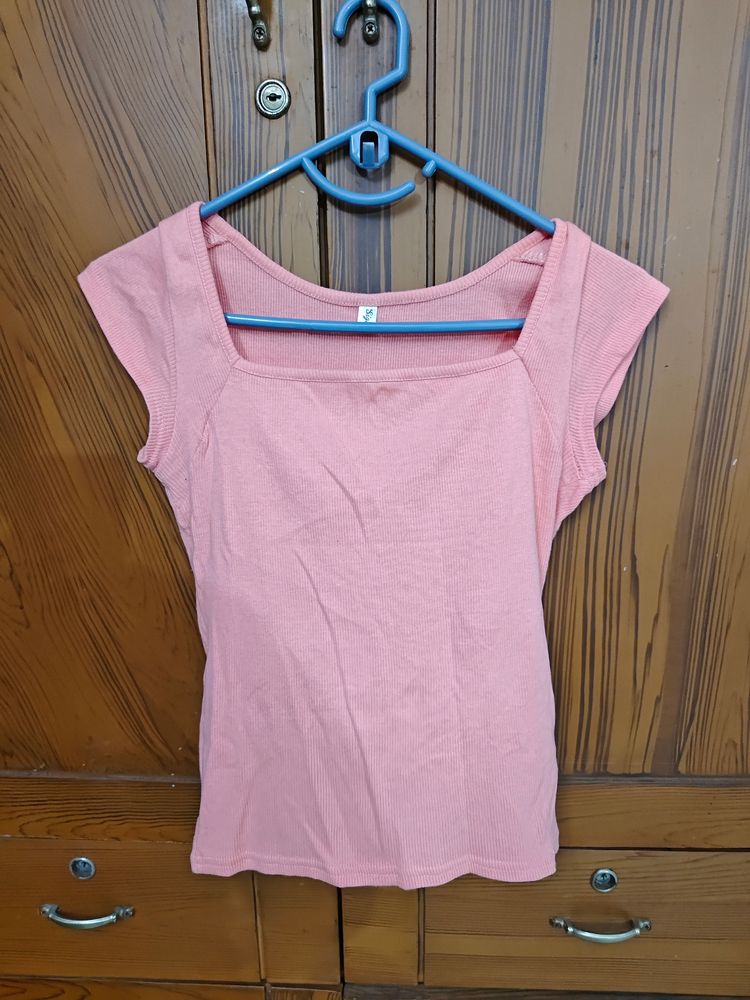 Coral Pink Fitted Top With Square Neck