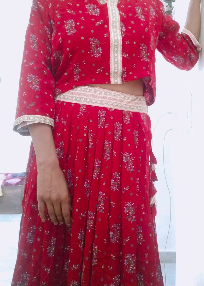 Brick Red Flowy Chiffon New Lehnga Choli Never Wor