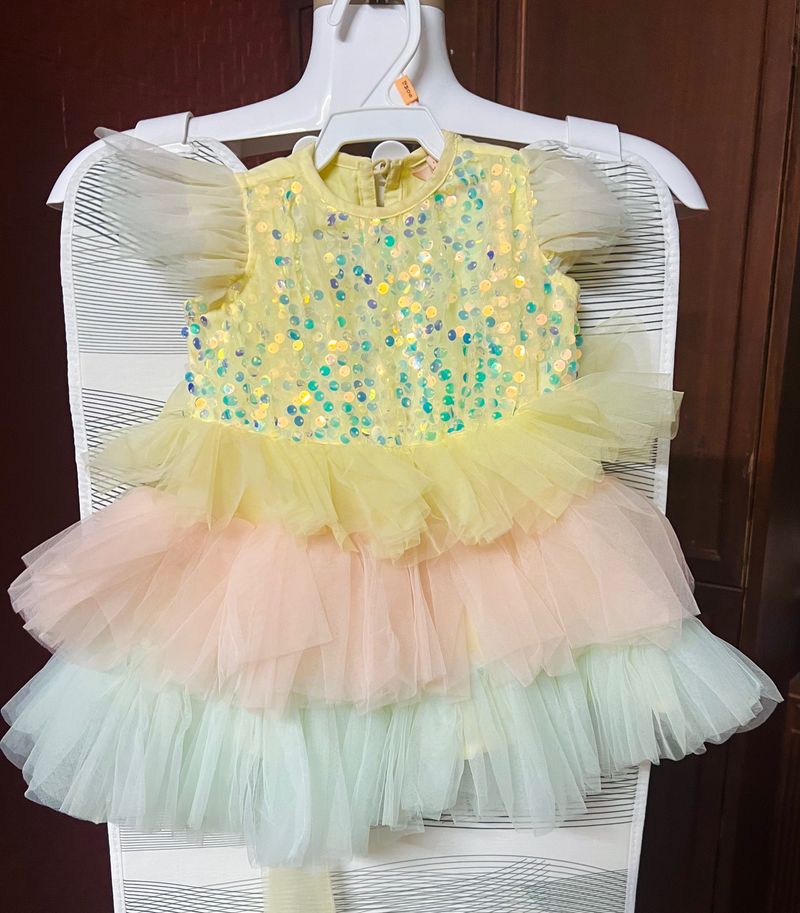 Lil Drama Baby Flared Party Dress And Gold Shoes