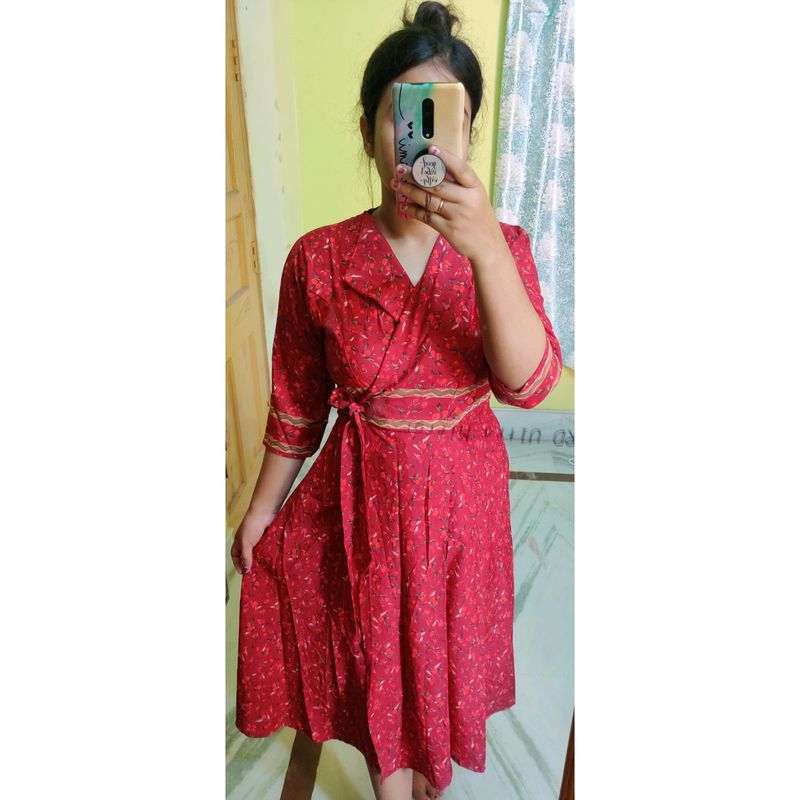 Deep Red Floral Printed Wrapper Dress