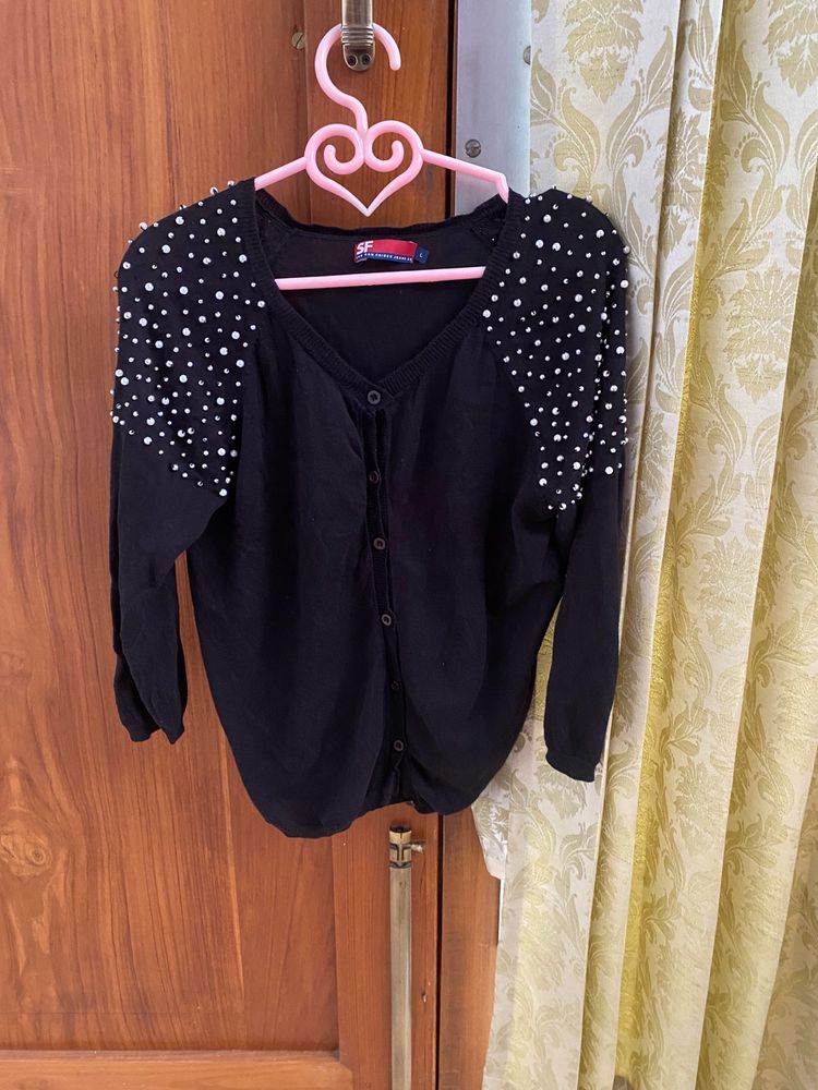 Pearl Studded Black Sweat Shirt