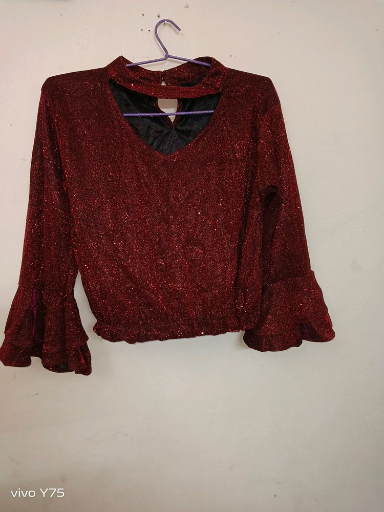 Maroon Shimmery Top With Bell Sleaves For Party