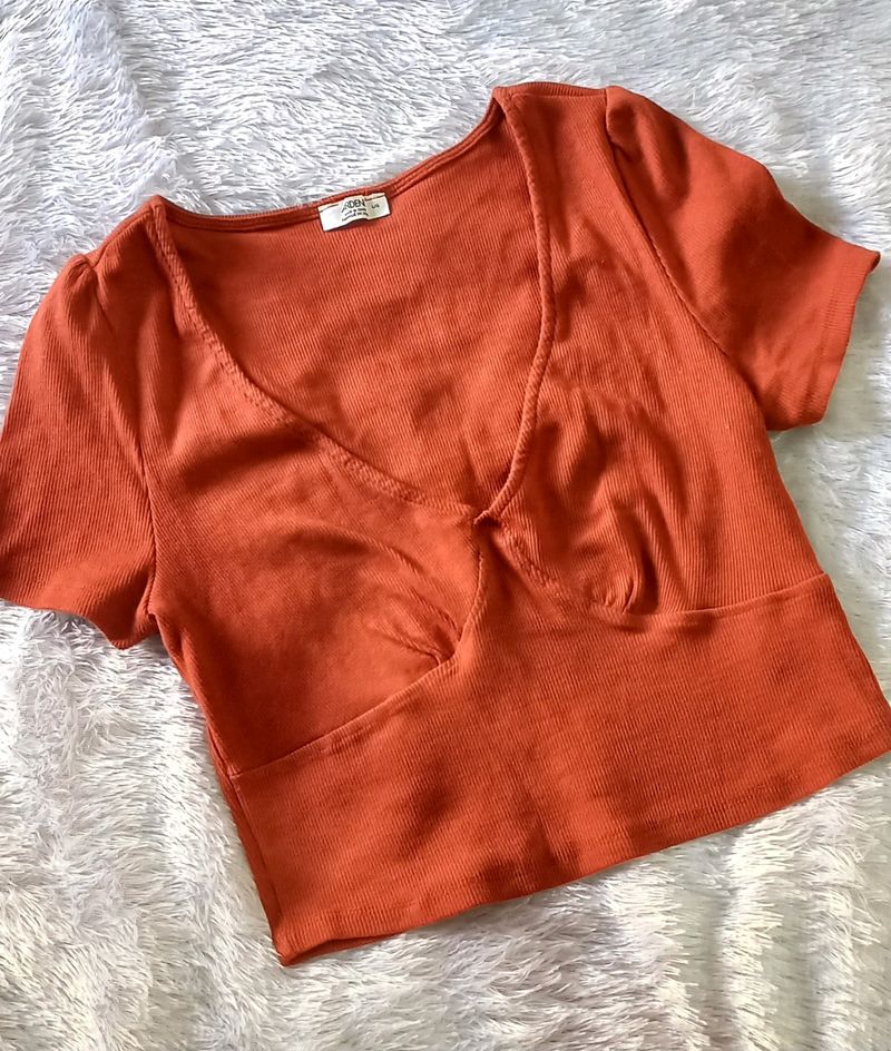 Ribbed Rust Orange V Neck Crop Top