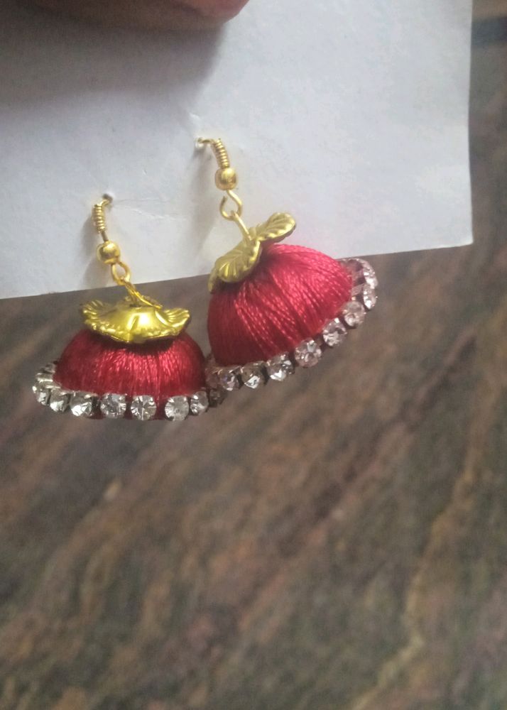 Handmade Silk Thread Earring - Red