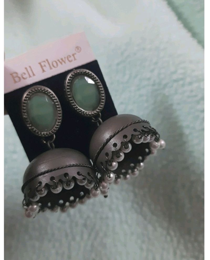 New Green Stone Jhumka From Bell Flowers