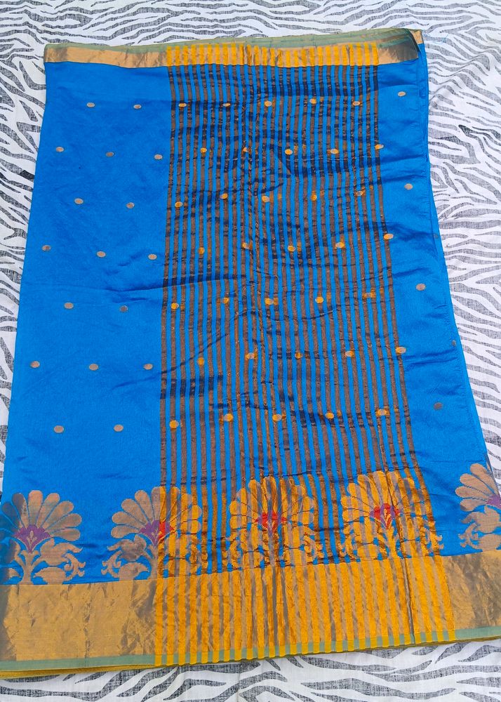 blue colour gold design saree