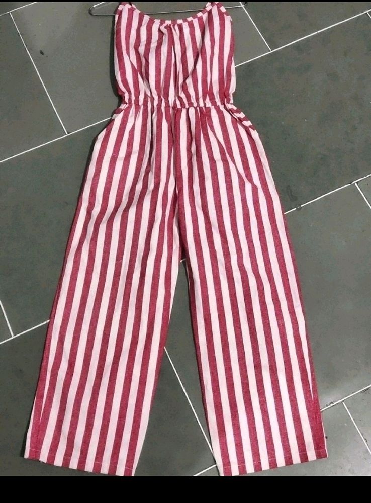 Red And White Denim Jumpsuit