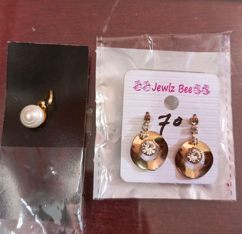 Pearl Pendant & Stone Studded Ear Rings