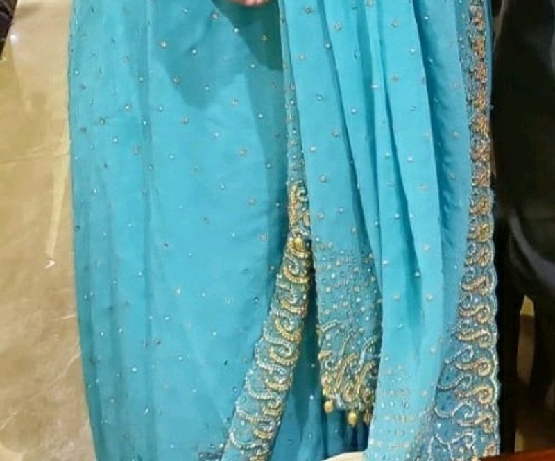 Very Beautiful Aqua Colour Party Wear Saree