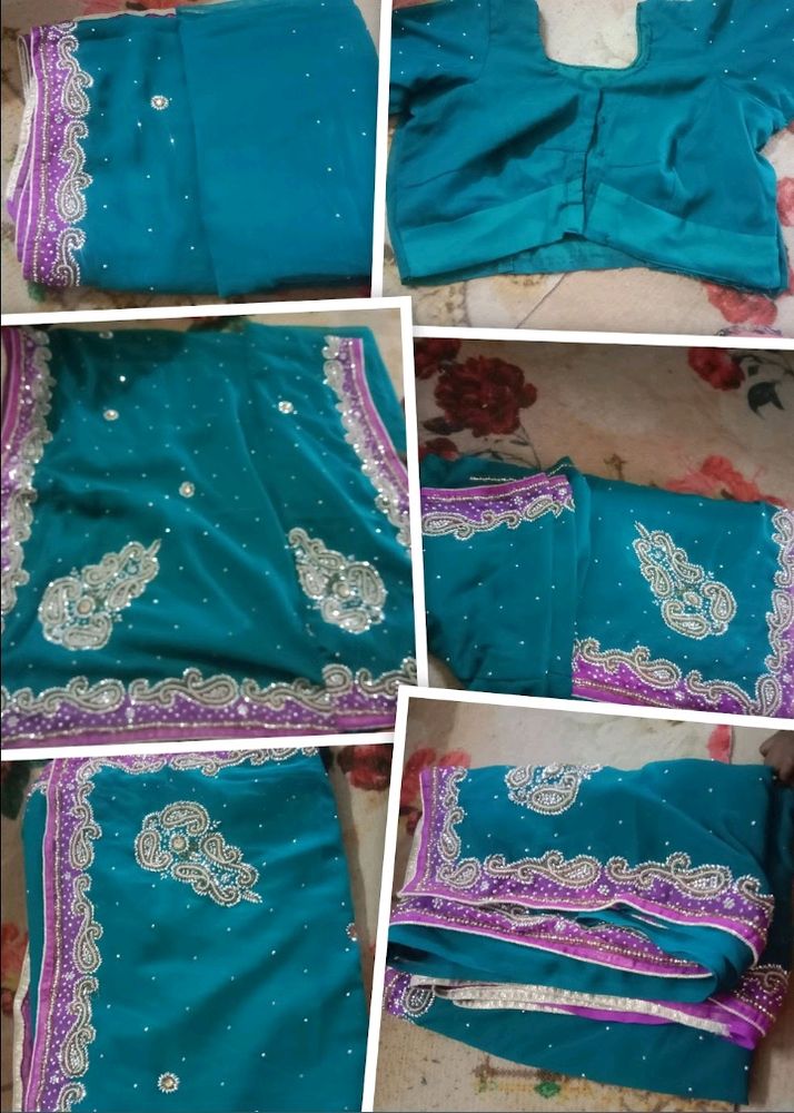 Dark Sea Green Saree With Blouse