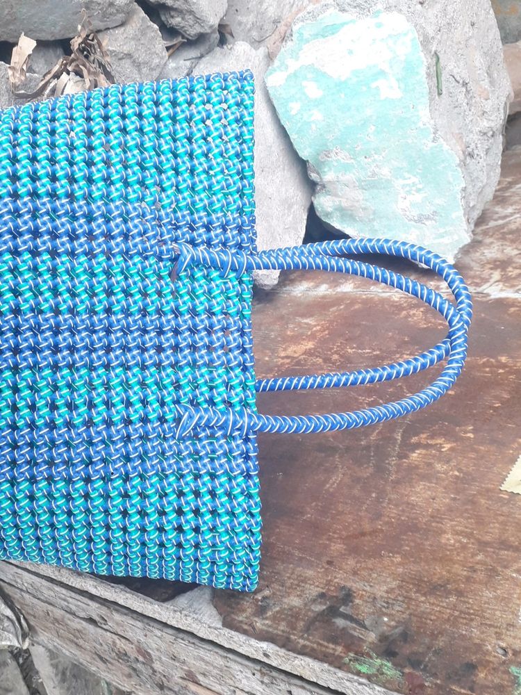 Hand Made Blue With Peacock Green Wire Bag