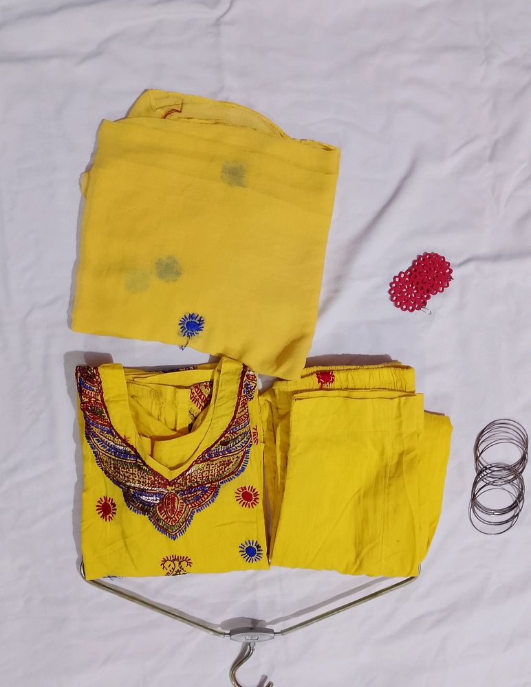 Yellow Embroidery Work Kurta Set