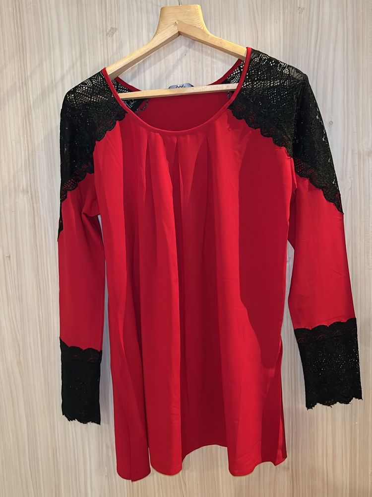 Red And Blk Full Sleeve Georgette Top