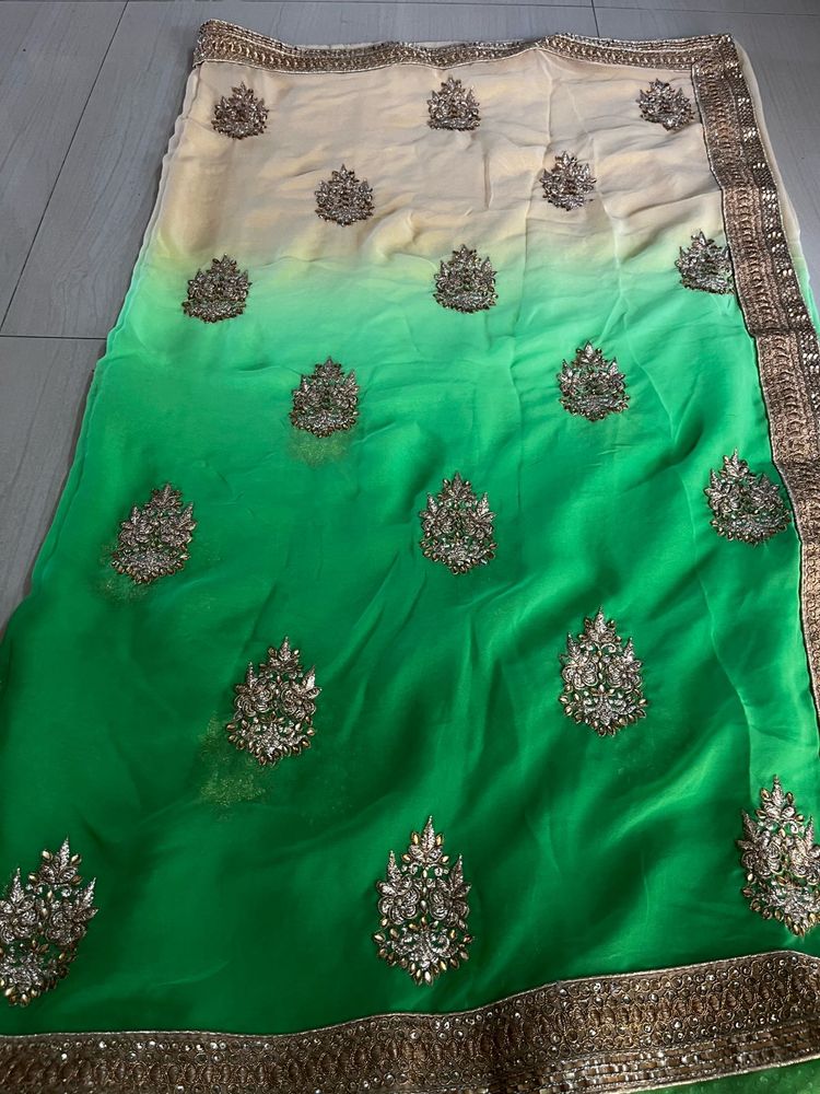 Beautiful Green And Cream Colour Combination Saree