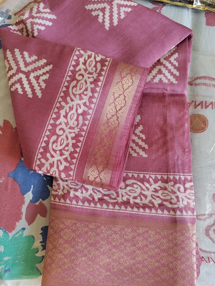 Rose Pink Saree With Beautiful White Print