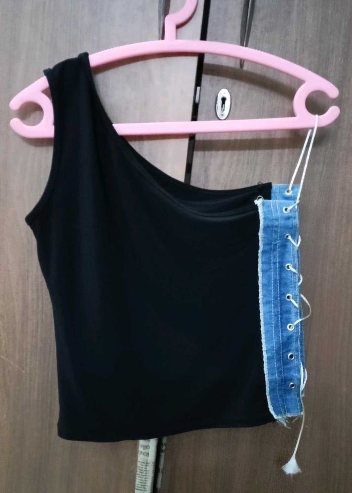 Black One Shoulder Top With Side Denim Design