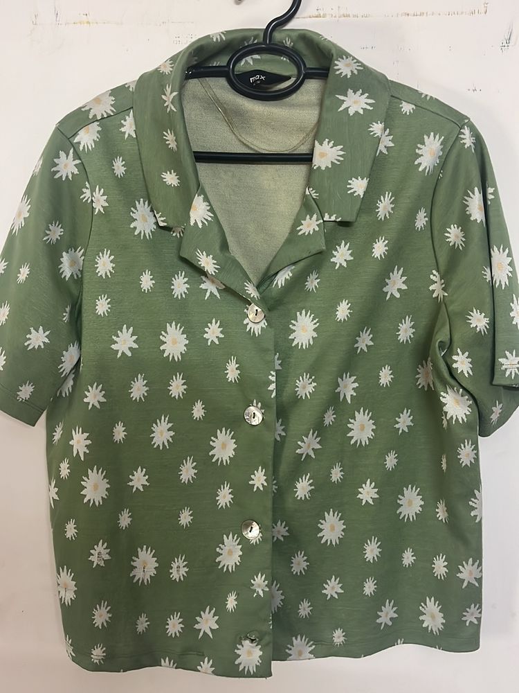 Green With Floral Designs Top front Button