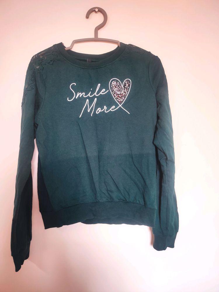 Trends XS Sweatshirt Dark Green With Lace Shoulder