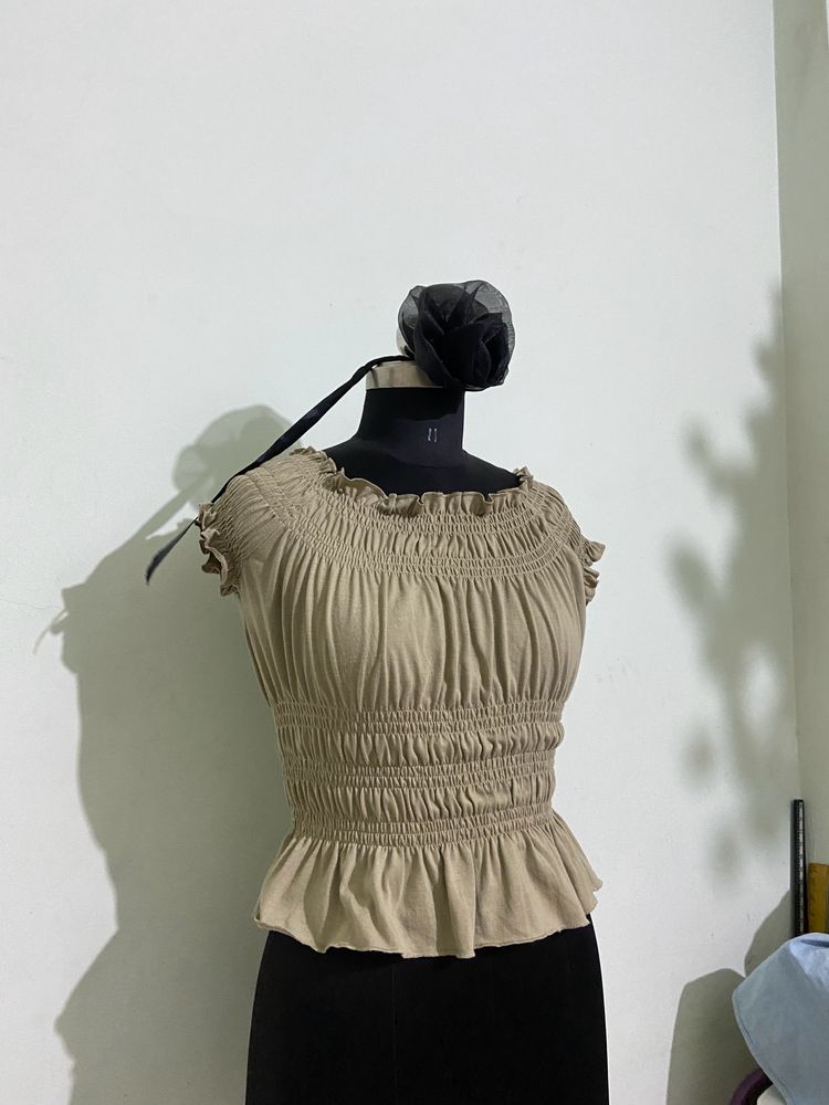 Tan Olive Green Elastic Top