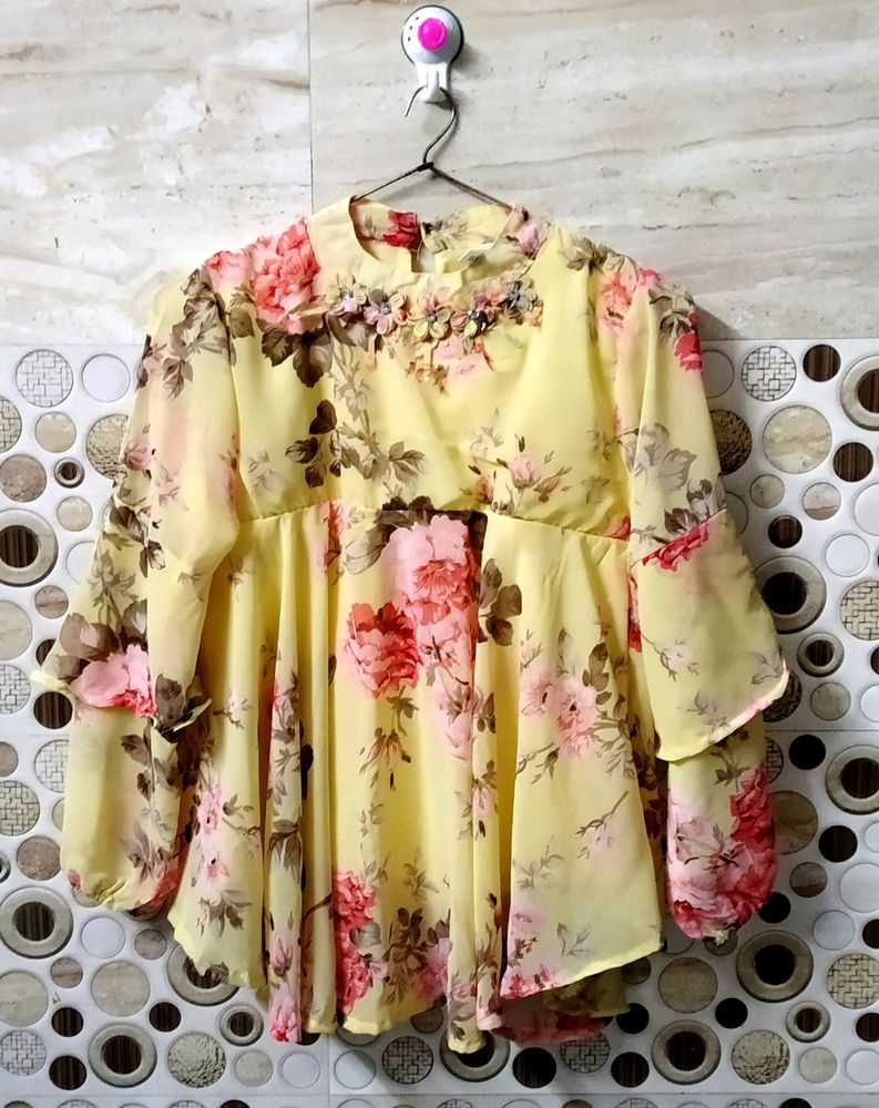 Girl's Yellow Floral Flared Top