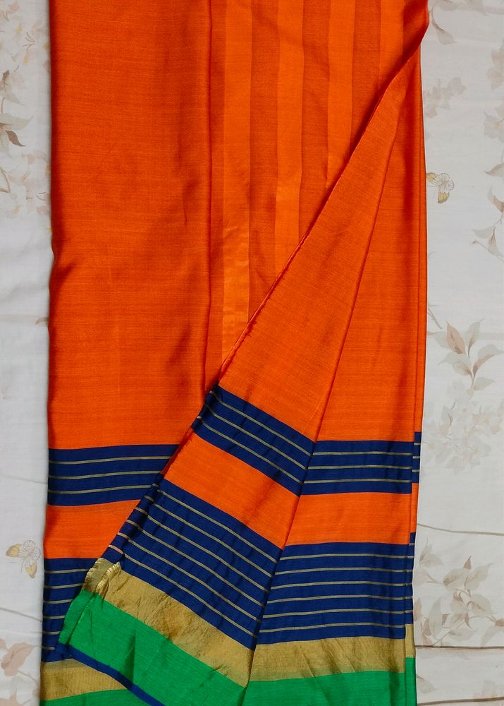 Traditional Orange With Green Blue Border Saree