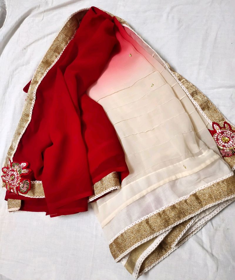 Woww Red Shady Saree With Patchwork