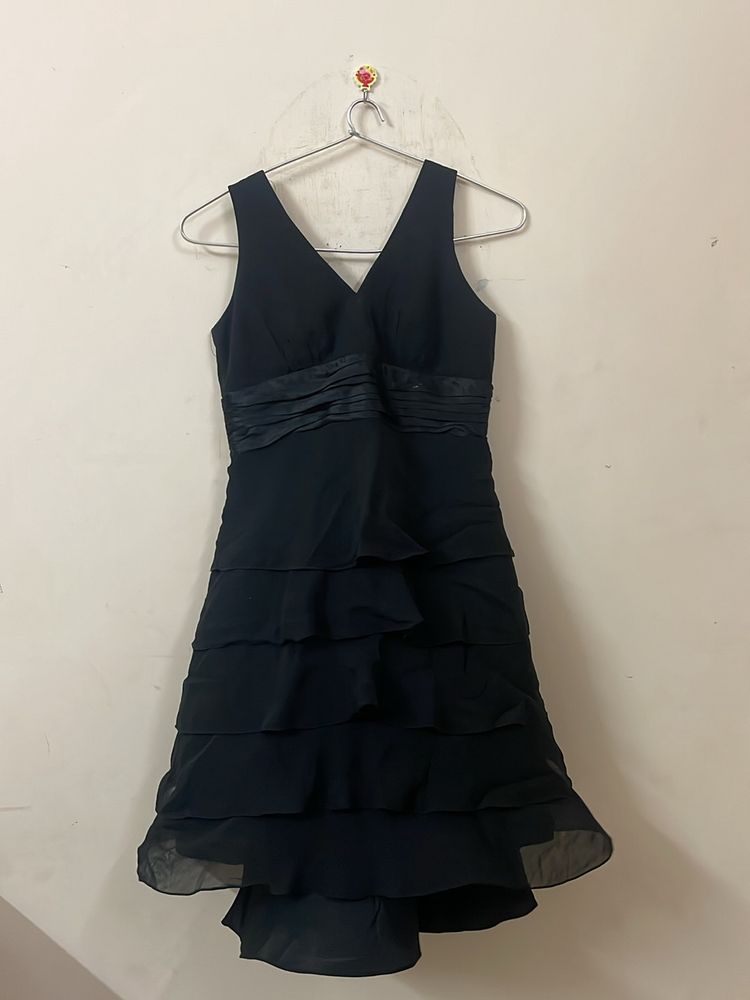 Black Frilled V Neck Dress