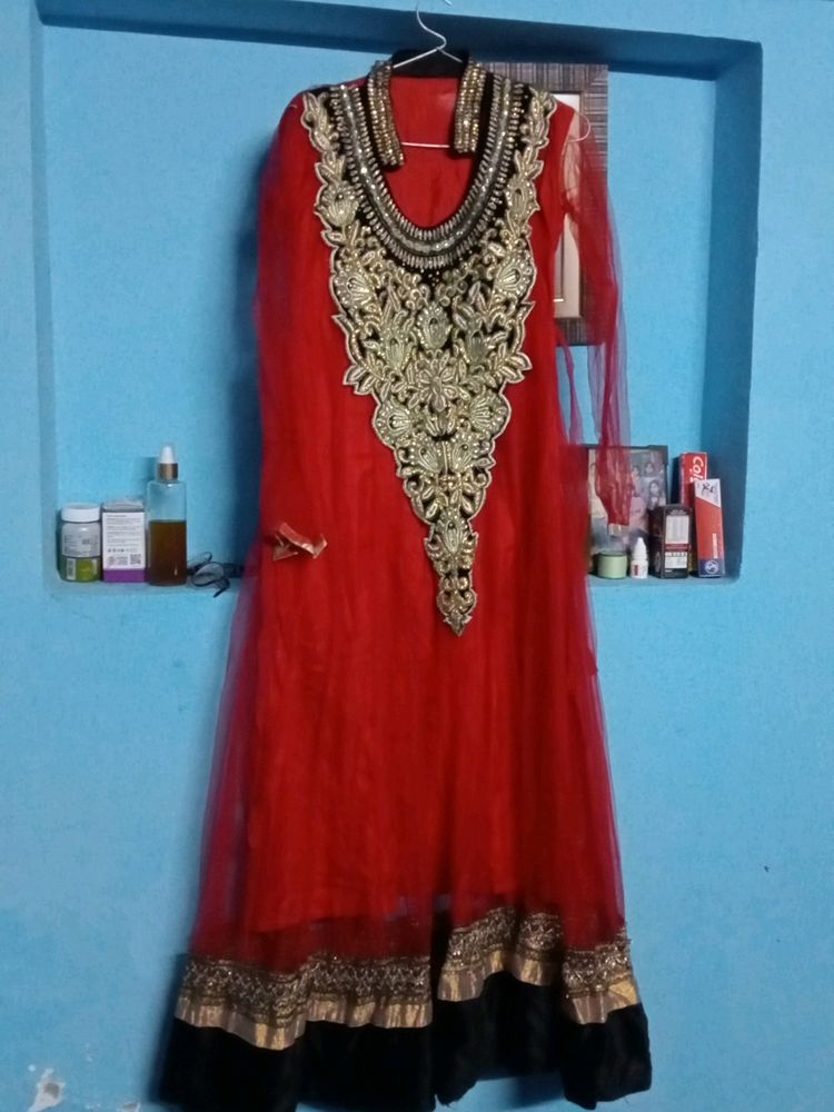 Red Gown With Black Embroidery