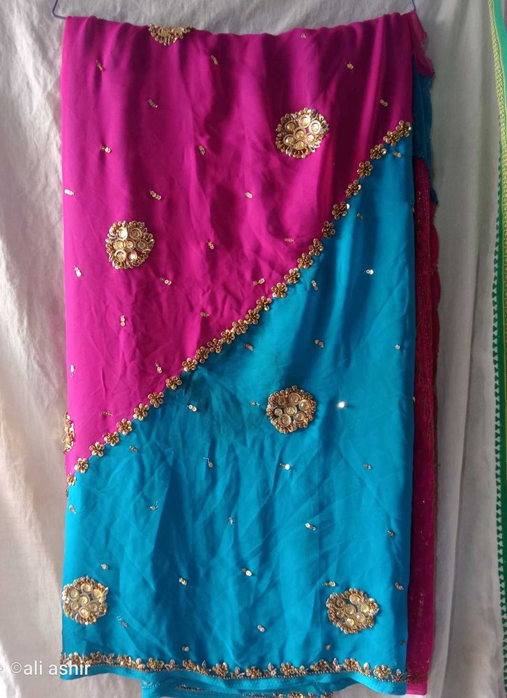 Embroidery Work Sree Two Colours Pink And Sky Blue