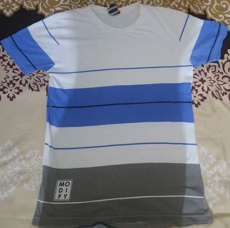 MENS ROUND NECK WHITE GREY AND BLUE COLOUR T-SHIRT