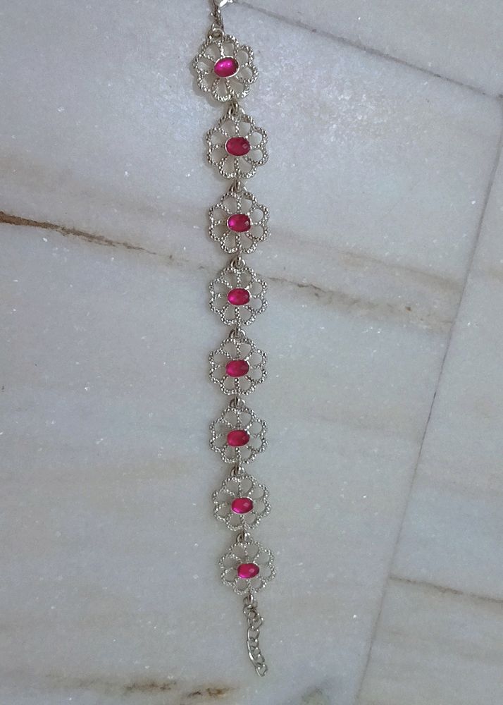 Silver And Pink Colour Diamond Bracelet