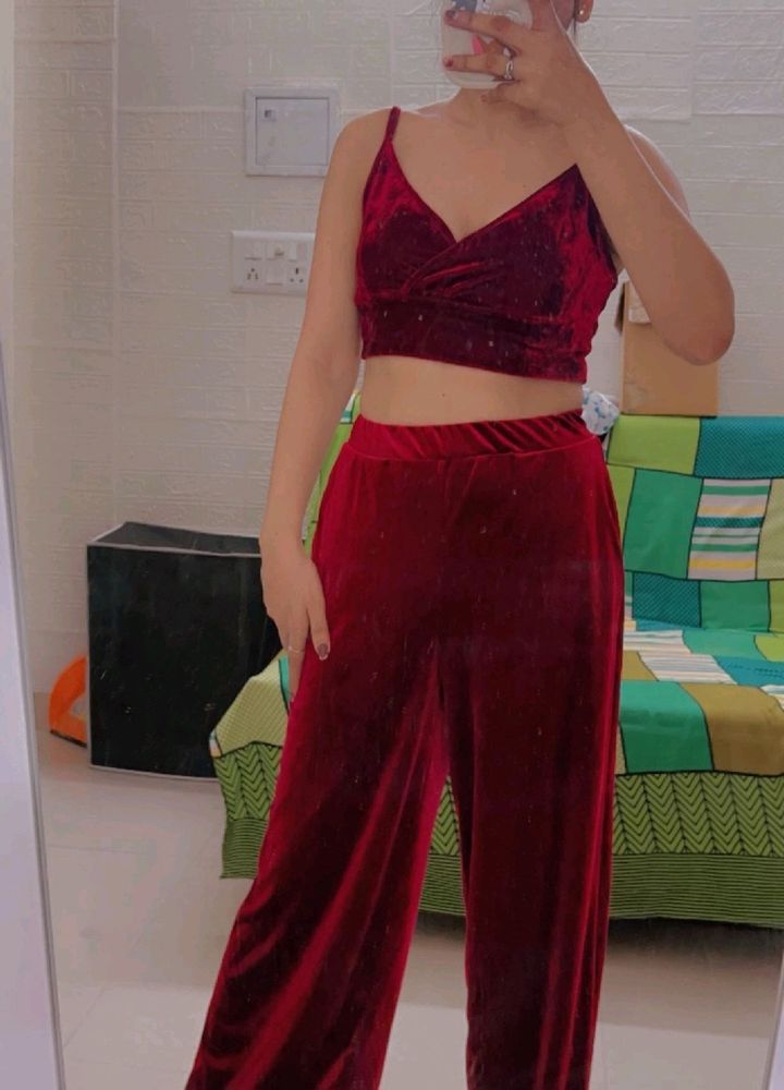 SHEIN SXY Velvet Coord Set Crop Top Palazzo Pant