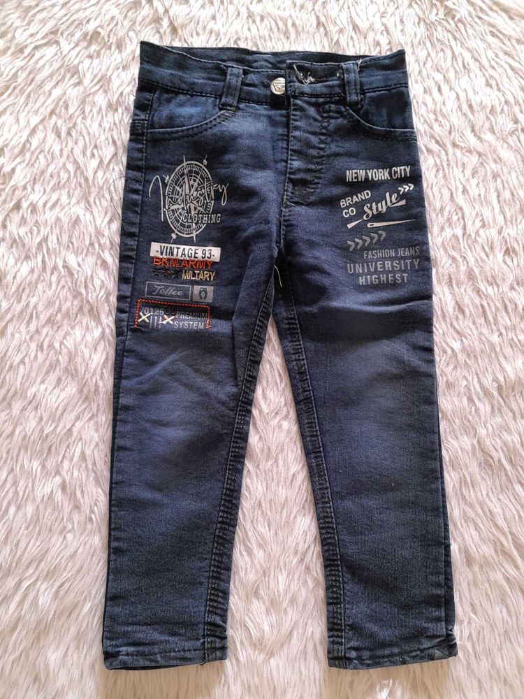 Dark Navy Blue Printed Jeans For Boy's