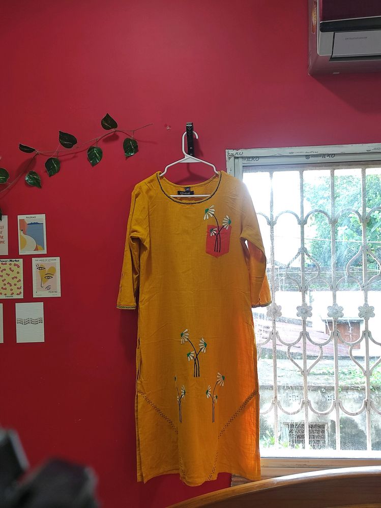 Yellow Cotton Kurta In Size L