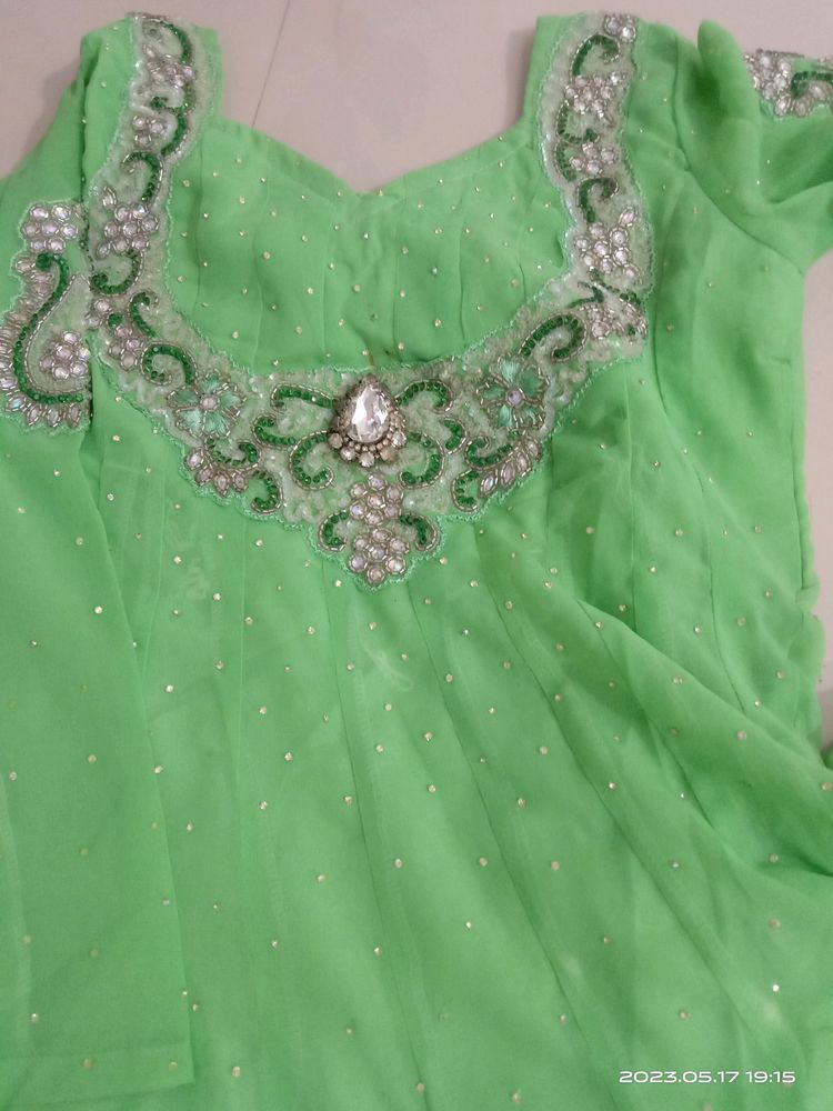 Anarkali Hand Work Green Frok