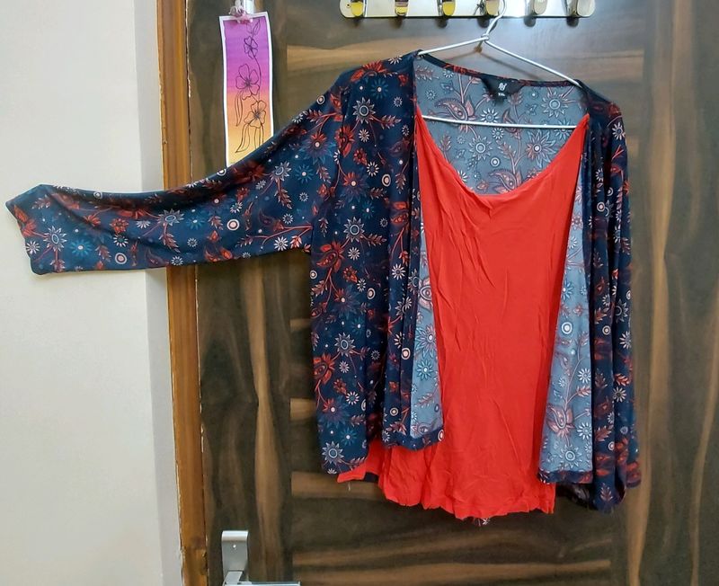 FIG Blue Print Shrug With Red Tank Top