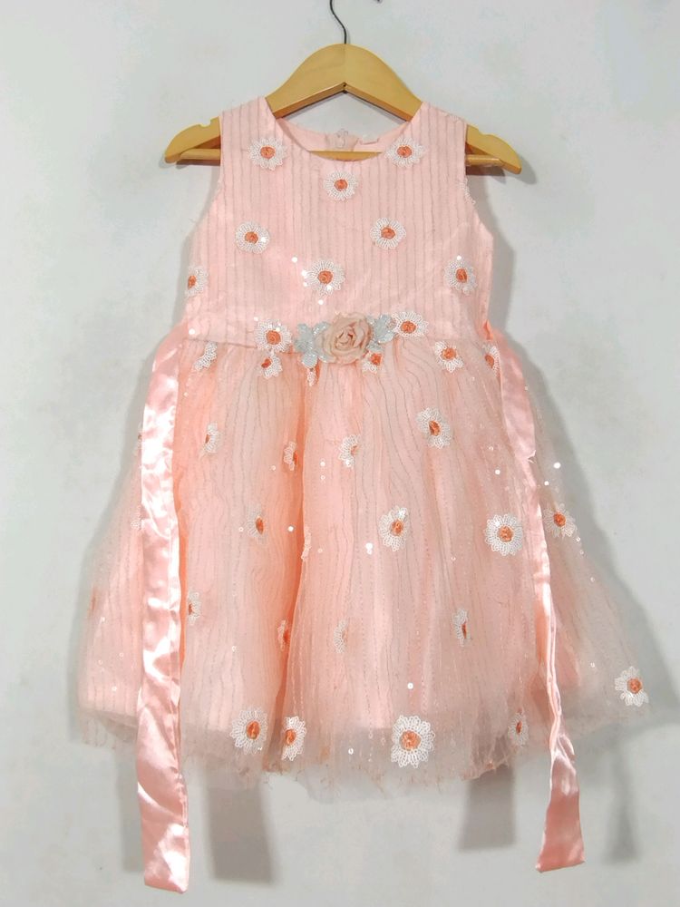 Peach Printed Netted Dress (Girls)