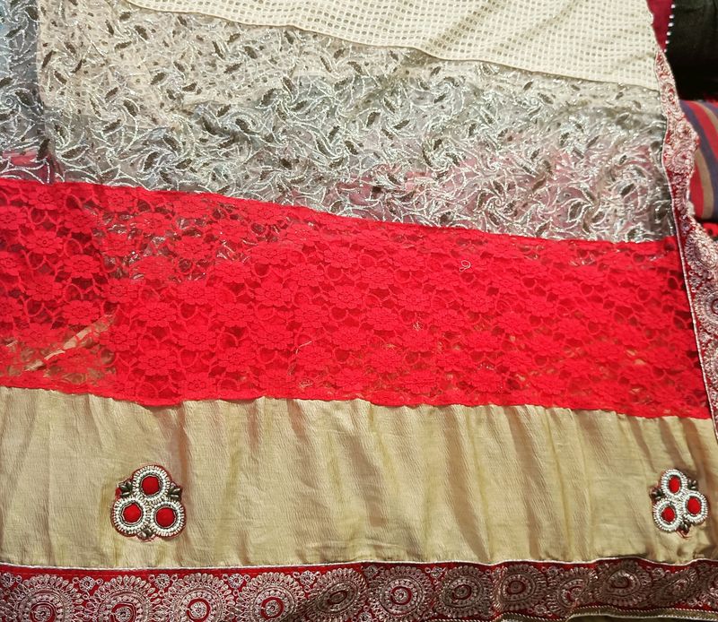 Beautiful Red And Creamy Saree With Work