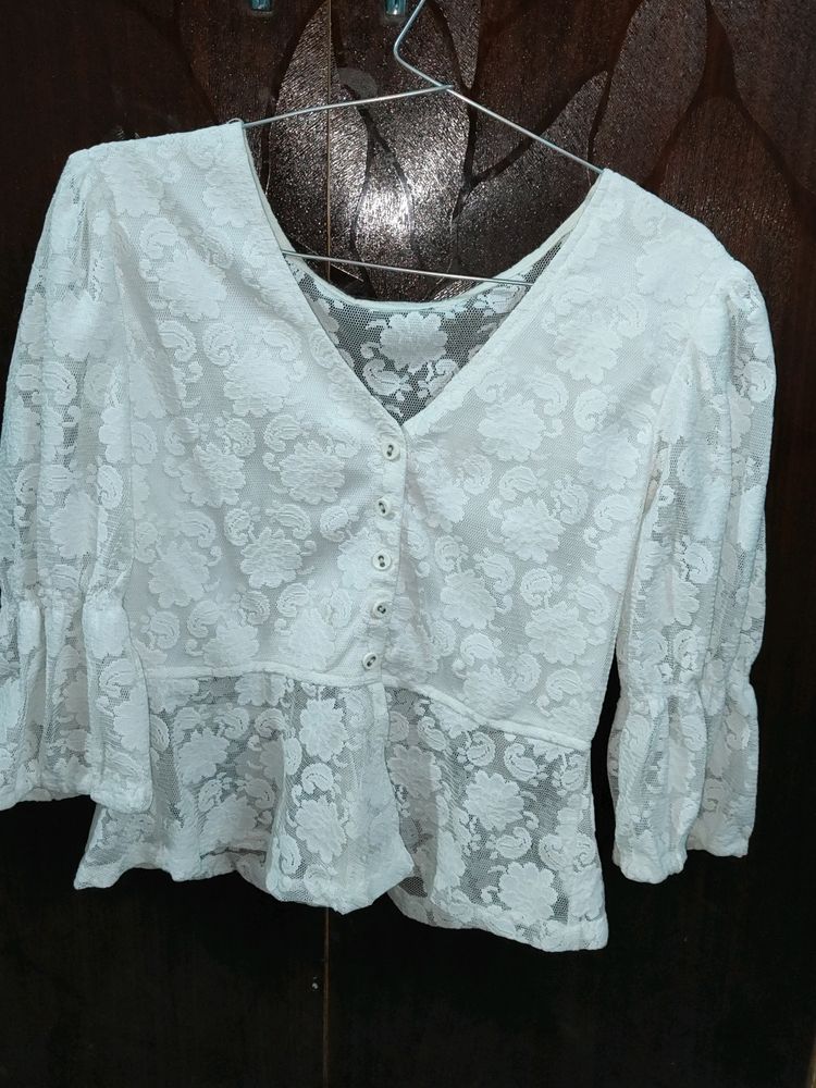 Beautiful White Net Top With Floral Design